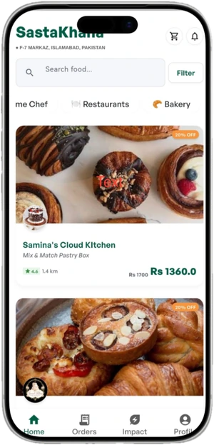 The SastaKhana app home screen showing fresh pastry deals near F-7 Markaz, Islamabad
