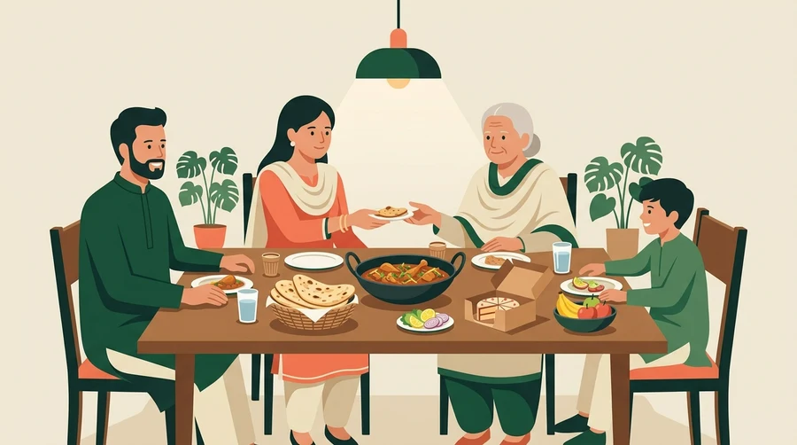 A family sharing a meal around the dinner table