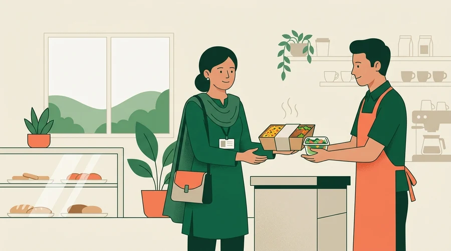 A professional collecting a takeaway lunch box at a café counter