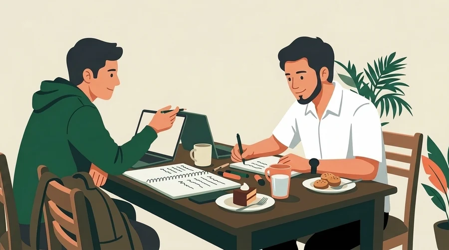 Two students studying together at a café table with cake and cookies